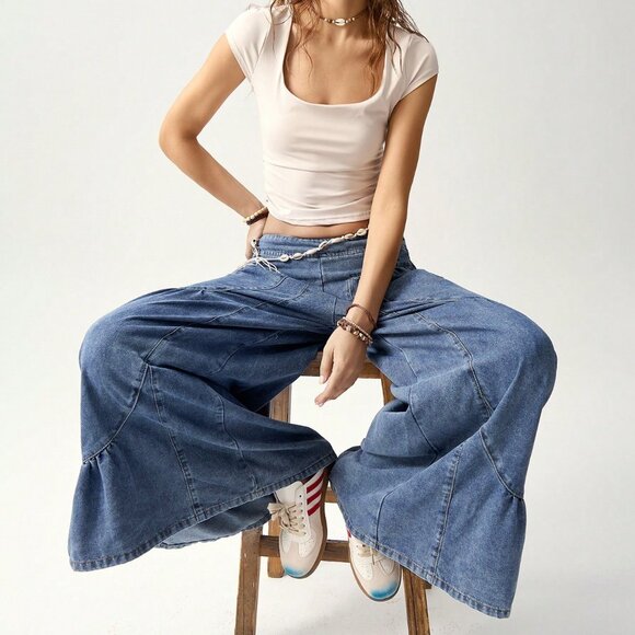 blue Casual Women's Patchwork Loose Wide Leg Jeans - Picture 5 of 8